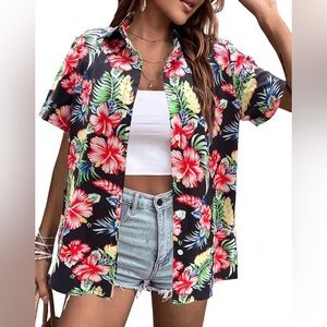 NWT SSLR  Women’s Hawaiian Shirt Floral Blouse Short Sleeve Size Large Navy